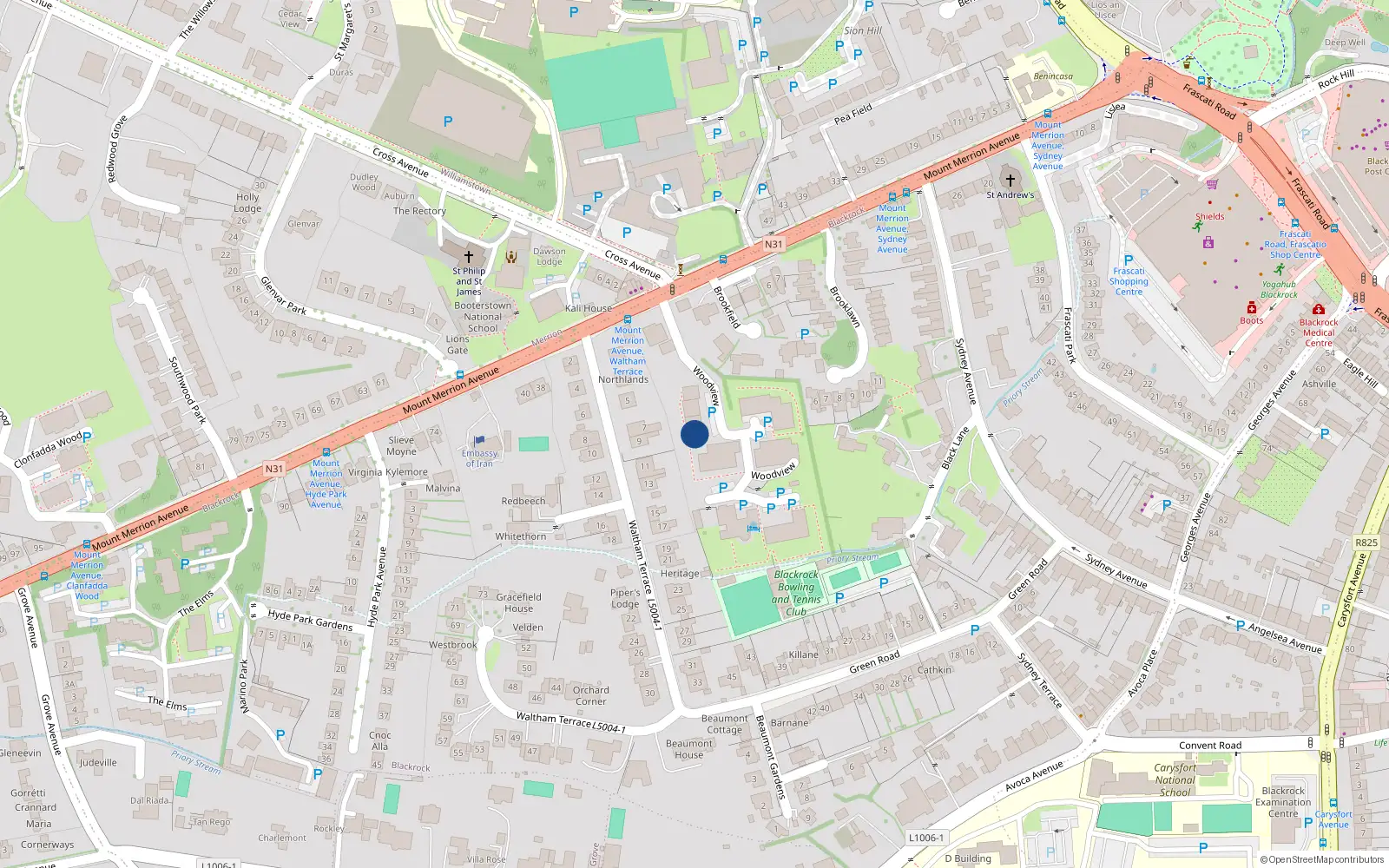Overhead map showing the location of 16 Woodview, Mount Merrion Avenue, Blackrock