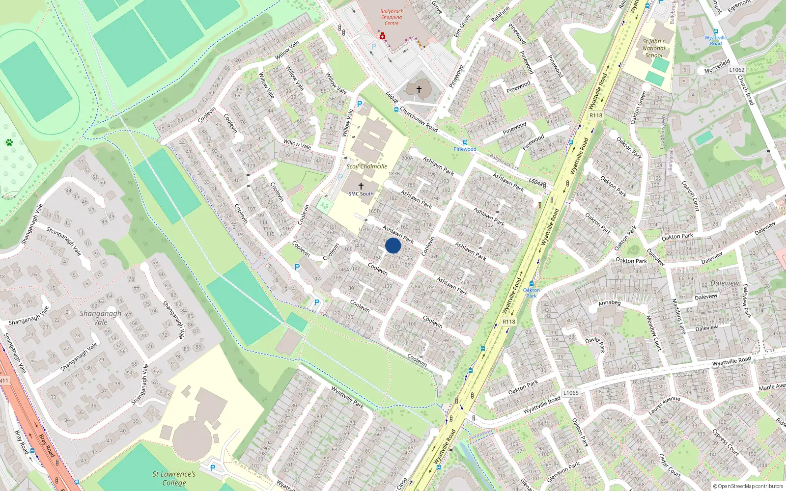 Overhead map showing the location of 160 Ashlawn Park, Ballybrack, Dublin