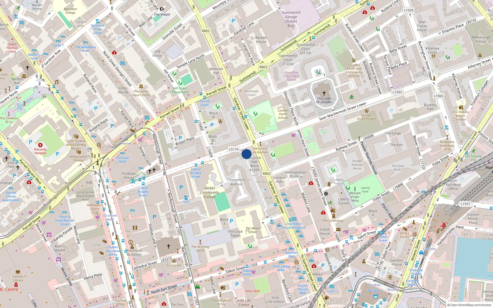 Overhead map showing the location of 160 Custom Hall, Gardiner St, Dublin 1