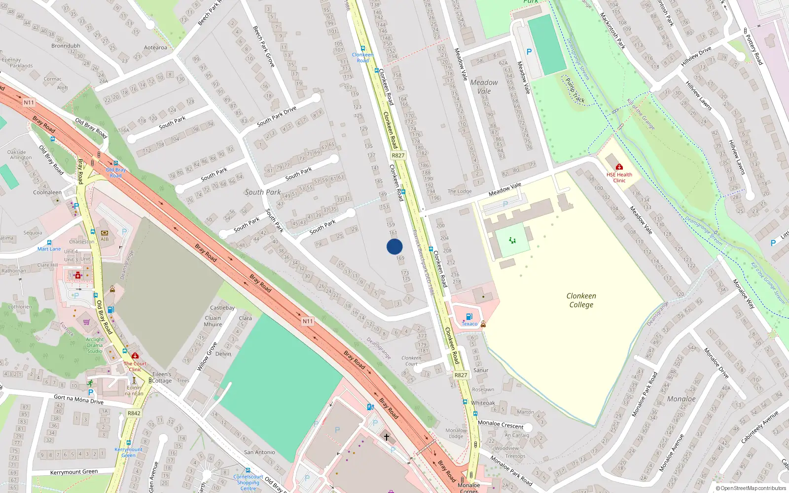 Overhead map showing the location of 161 Clonkeen Road, Blackrock, Dublin