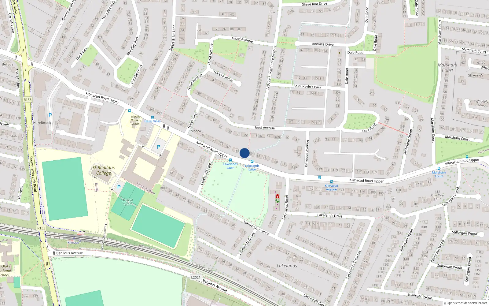 Overhead map showing the location of 161 Kilmacud Road Upper, Stillorgan, Dublin