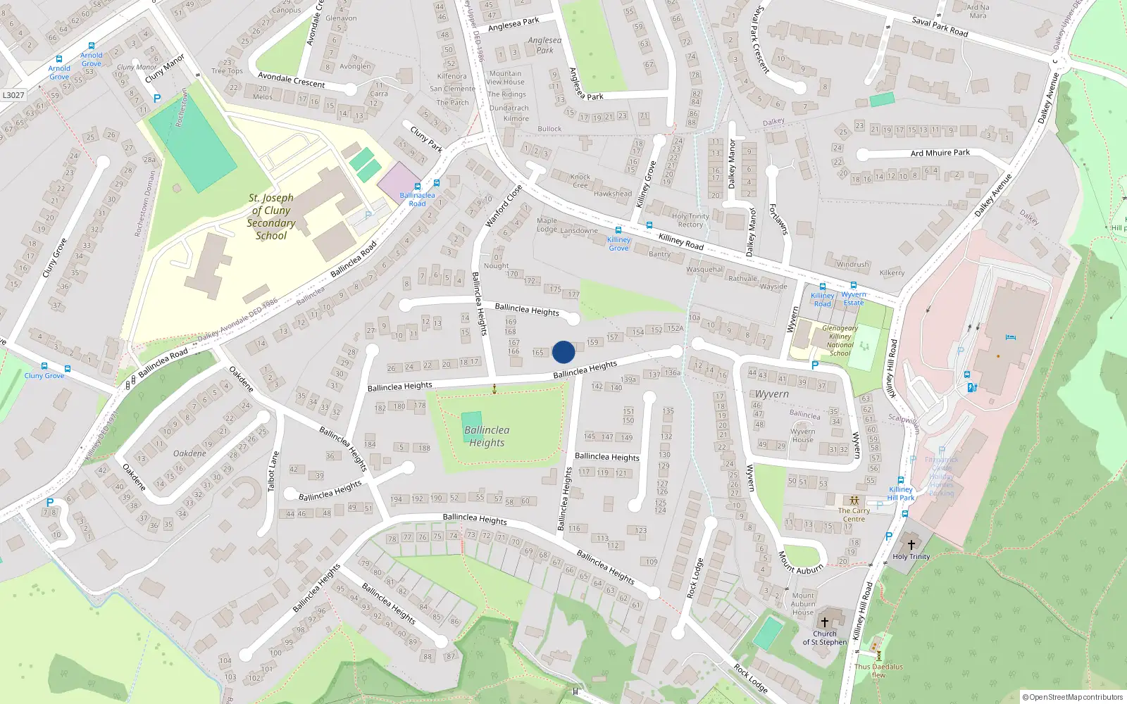 Overhead map showing the location of 162 Ballinclea Heights, Killiney