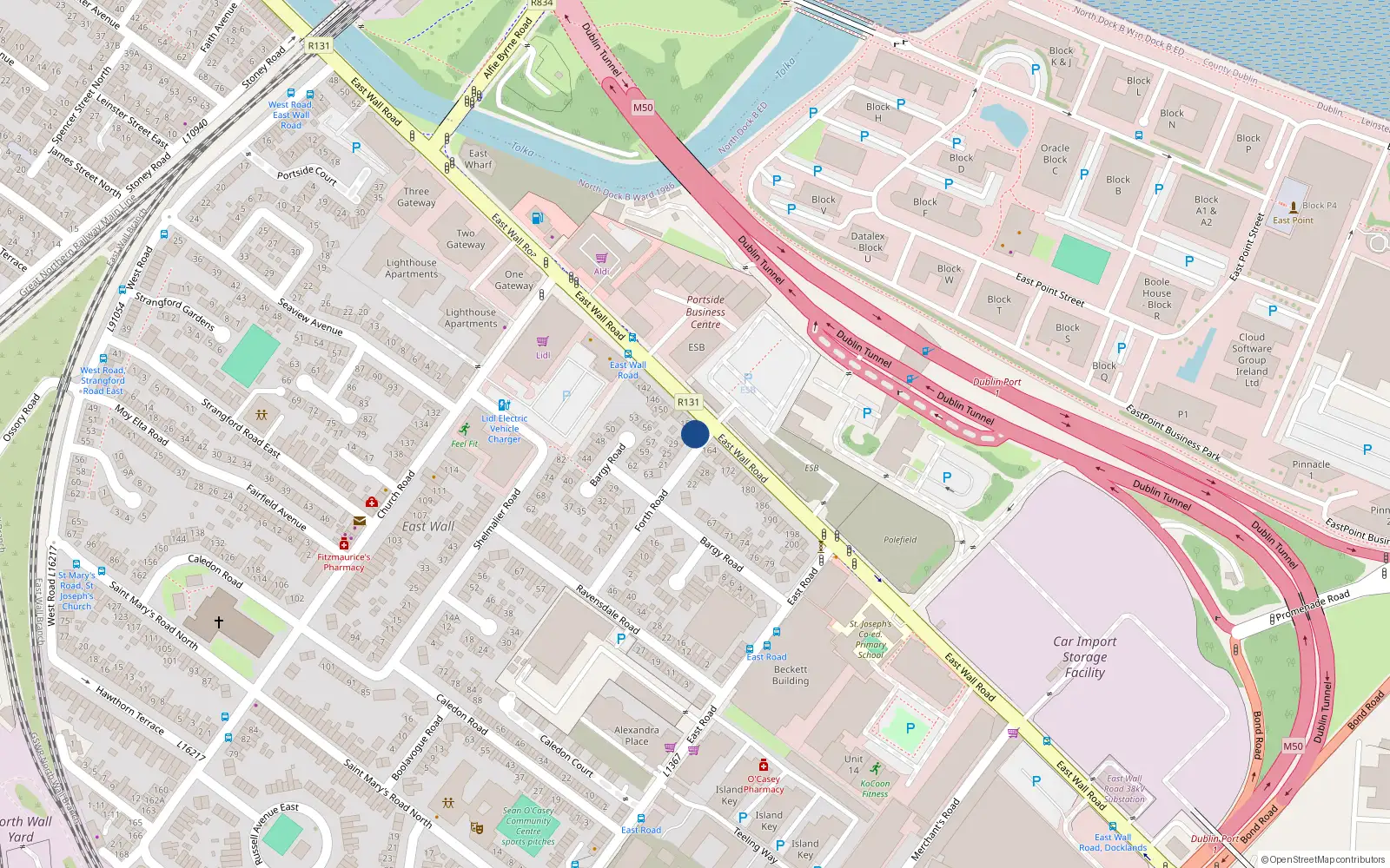 Overhead map showing the location of 162 East Wall Road, Dublin