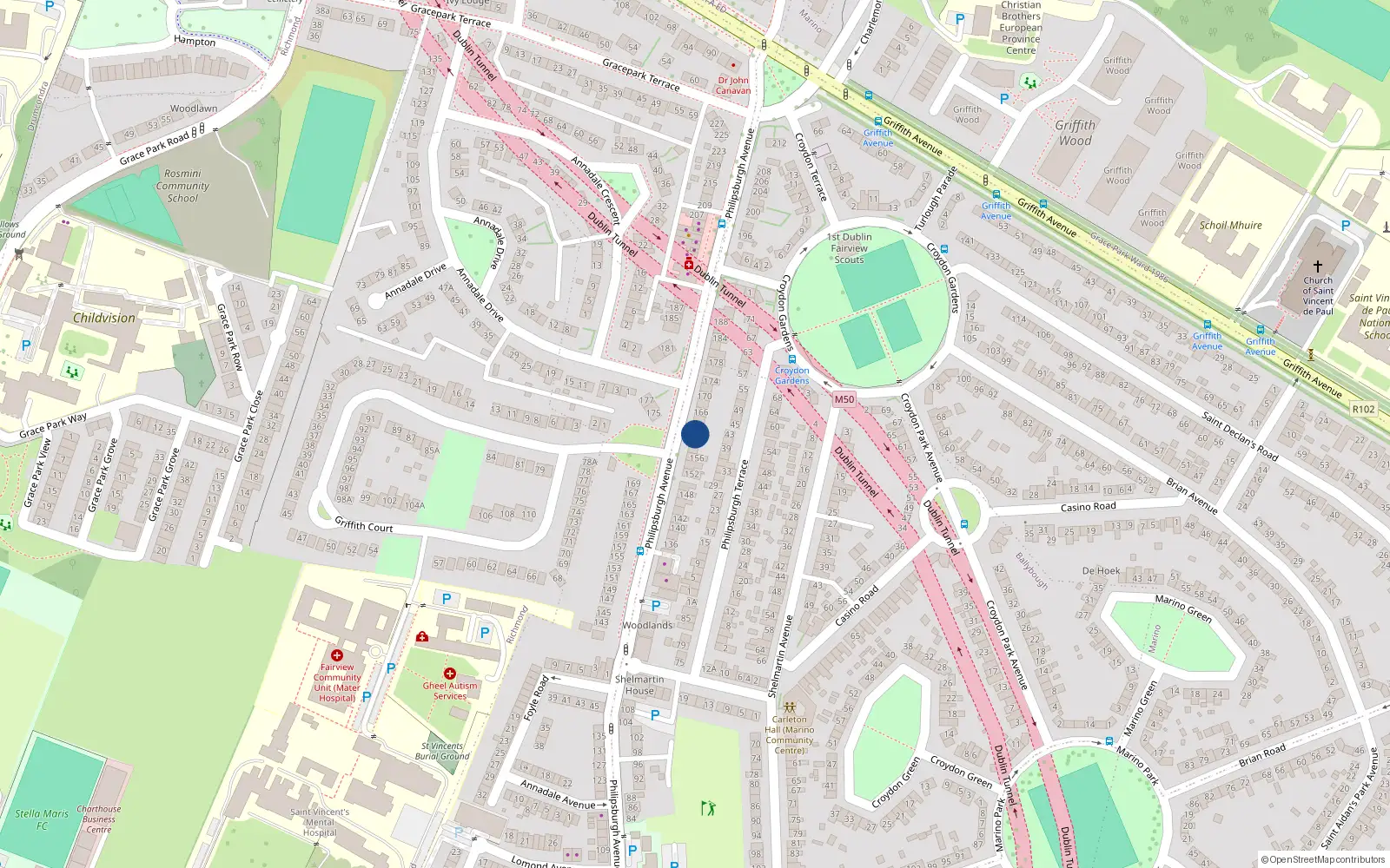 Overhead map showing the location of 162 Philipsburgh Avenue, Fairview, Dublin 3
