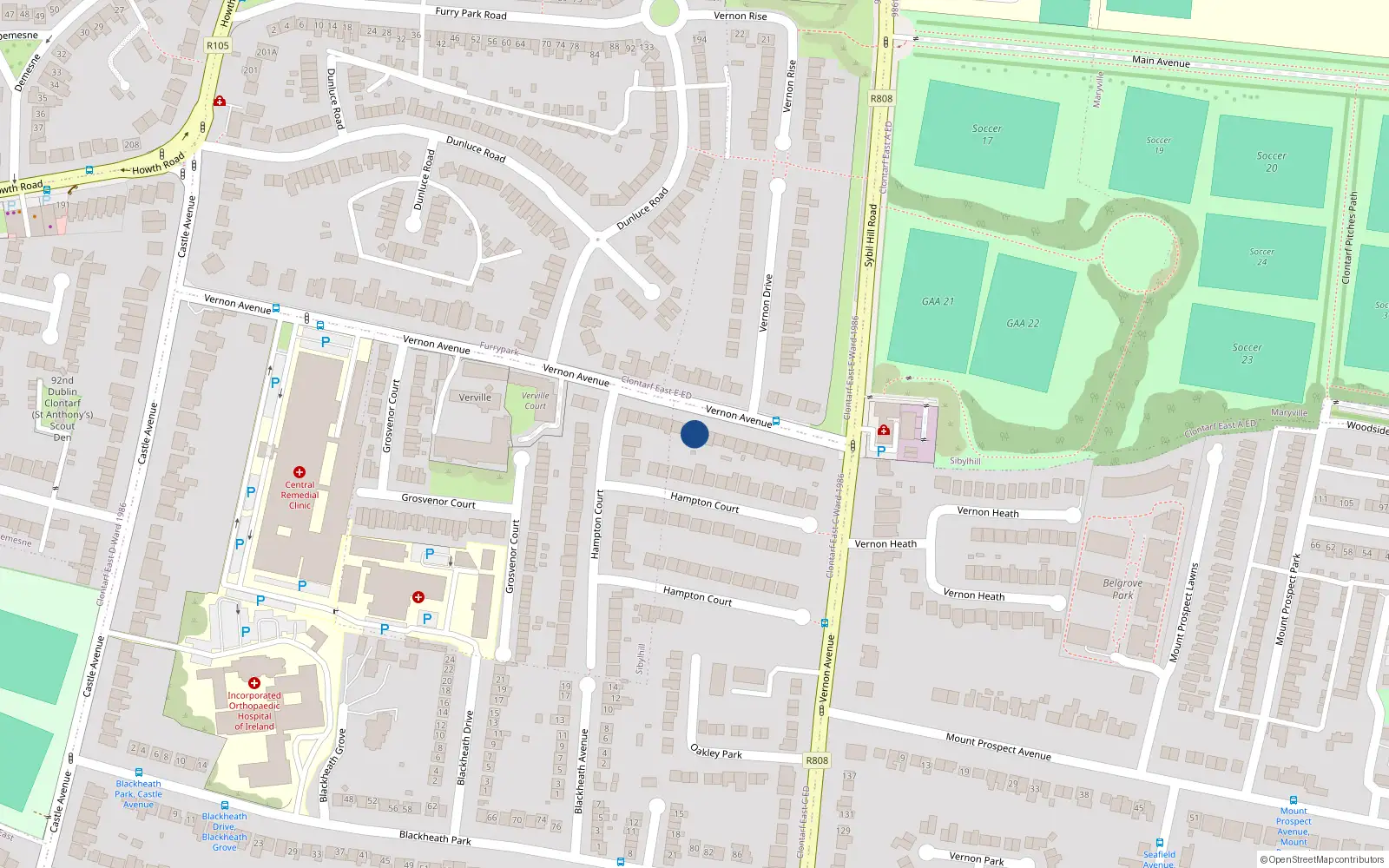 Overhead map showing the location of 162 Vernon Avenue, Clontarf, Dublin 3