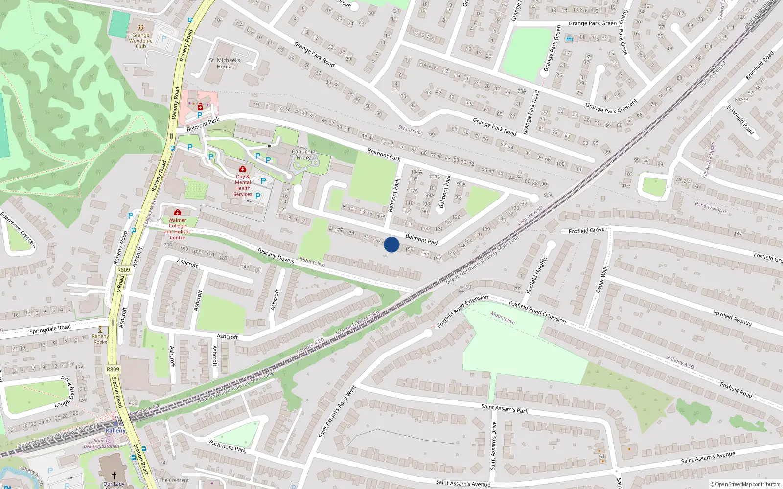 Overhead map showing the location of 163 Belmont Park, Raheny, Dublin 5
