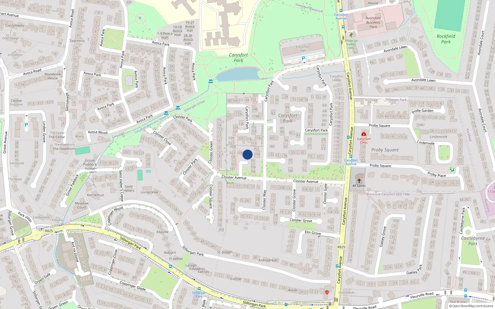 Overhead map showing the location of 163 Carysfort Park, Blackrock, Dublin