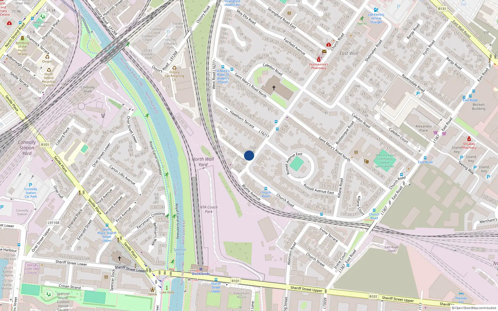 Overhead map showing the location of 163 Church Road, East Wall, Dublin 3