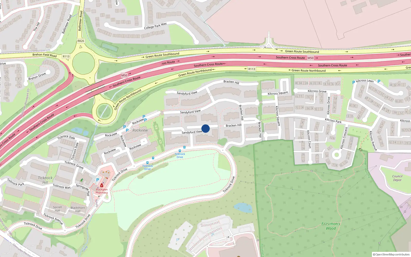 Overhead map showing the location of 163 Sandyford View, Dublin