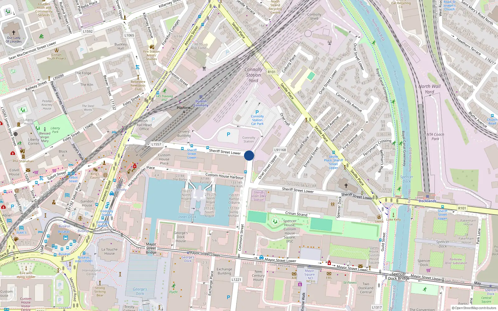 Overhead map showing the location of 163 Sheriff Street Lower, Dublin 1