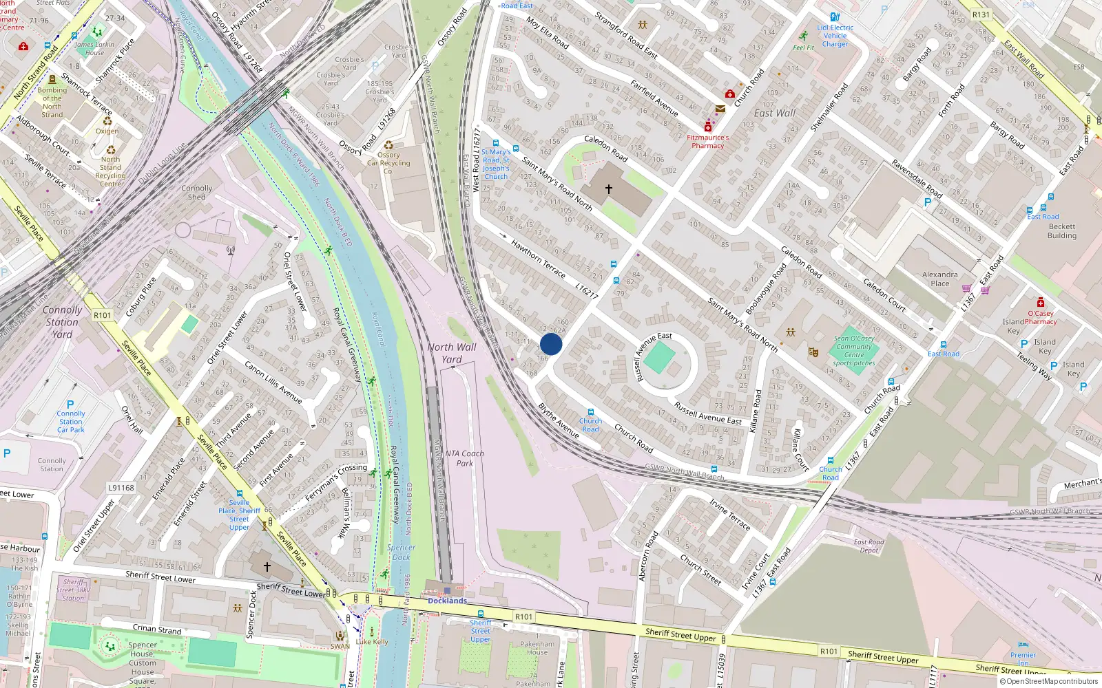 Overhead map showing the location of 164 Church Road, East Wall, Dublin 3