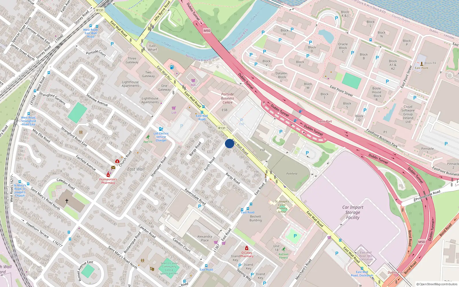 Overhead map showing the location of 164 East Wall Road, Dublin 3
