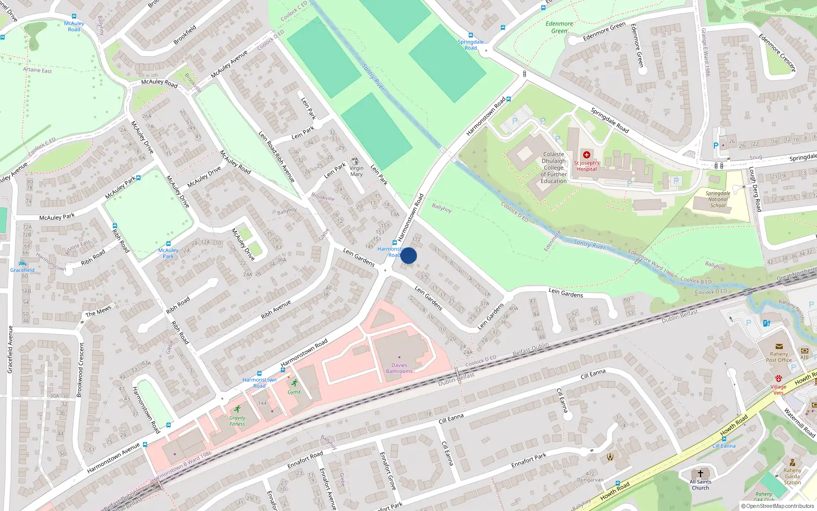 Overhead map showing the location of 164 Harmonstown Road, Dublin 5