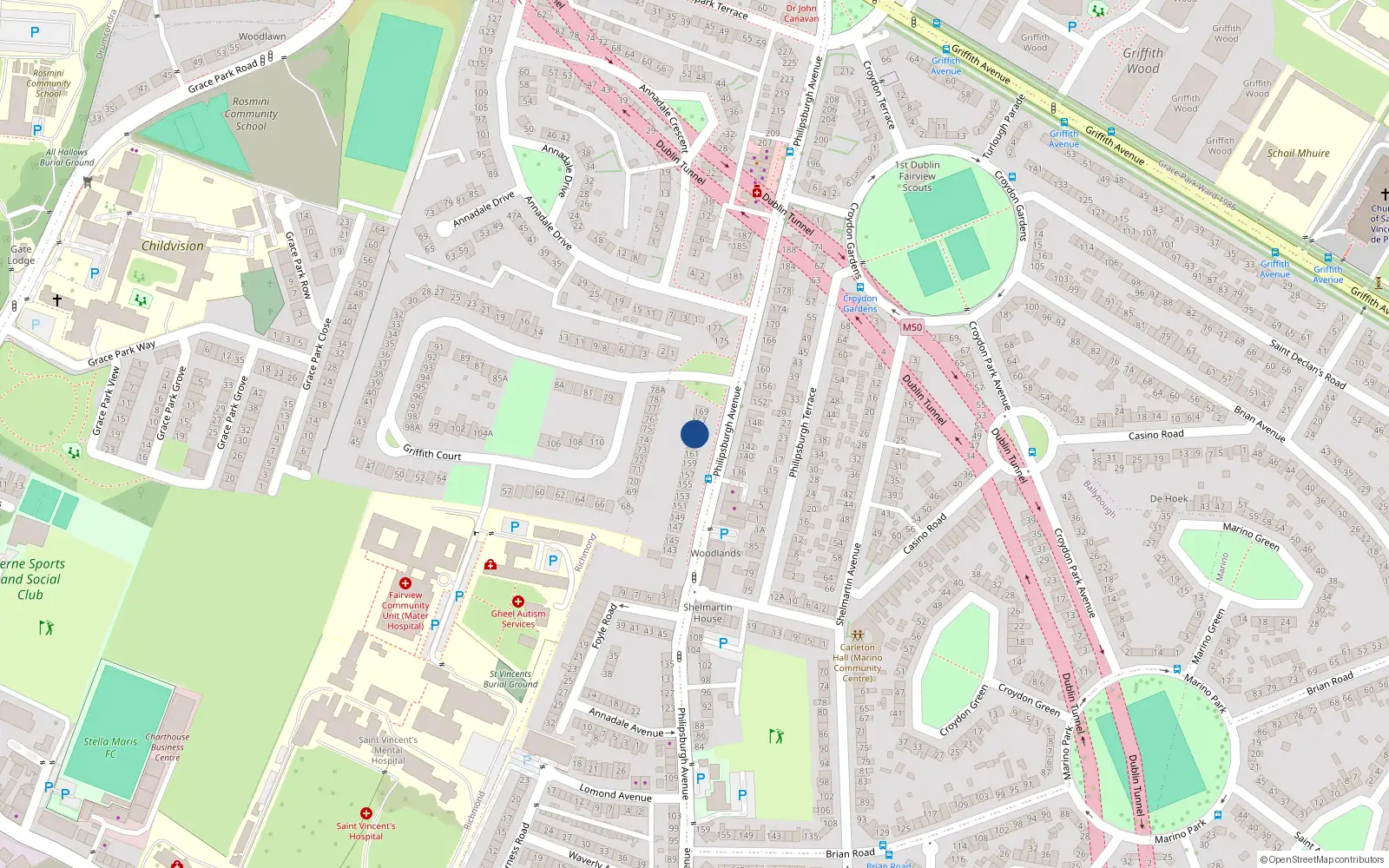 Overhead map showing the location of 165 Philipsburgh Avenue, Fairview, Dublin 3