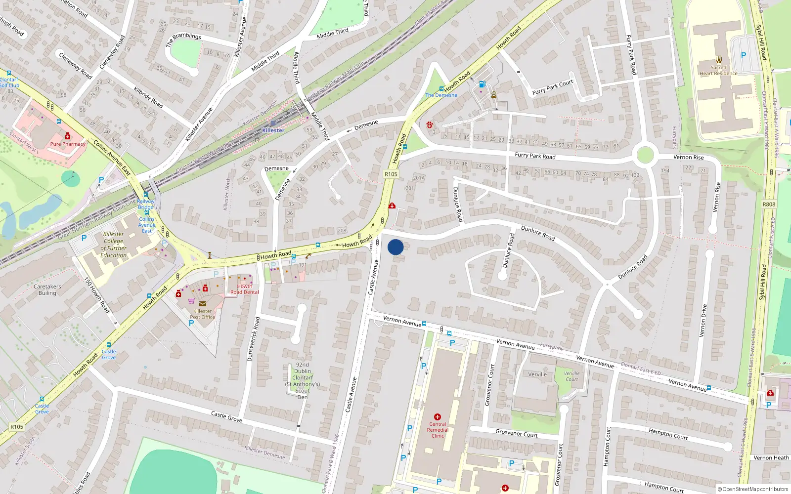 Overhead map showing the location of 166 Castle Avenue, Dublin 3