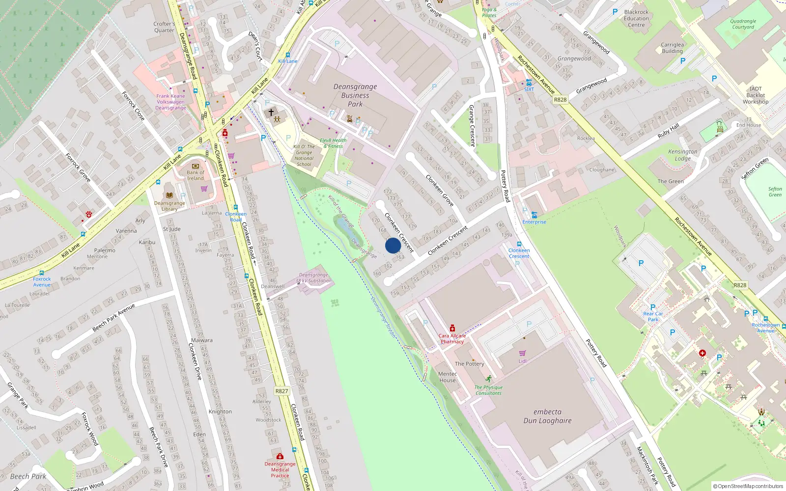 Overhead map showing the location of 166 Clonkeen Crescent, Dun Laoghaire