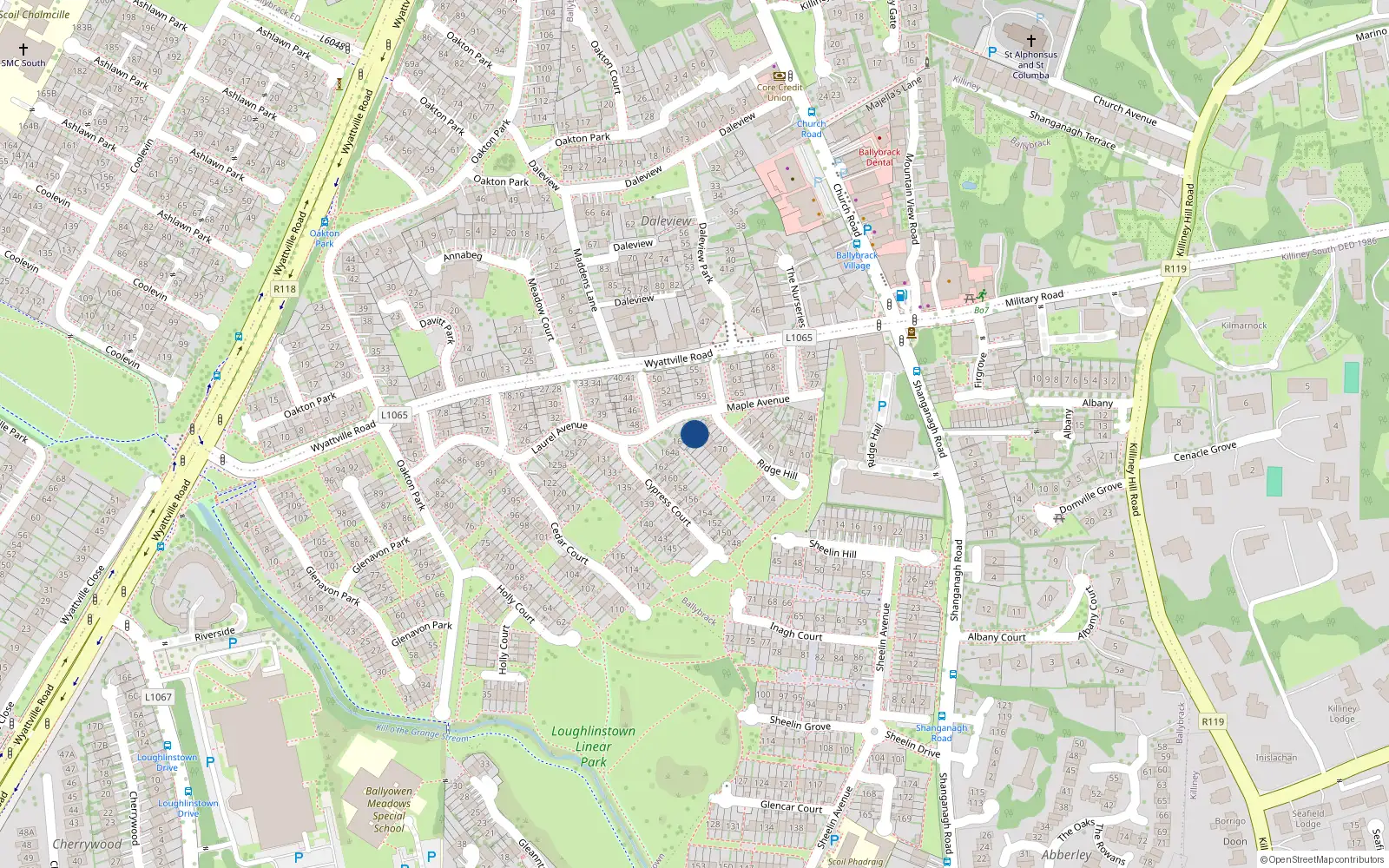 Overhead map showing the location of 166 Cypress Court, Dublin