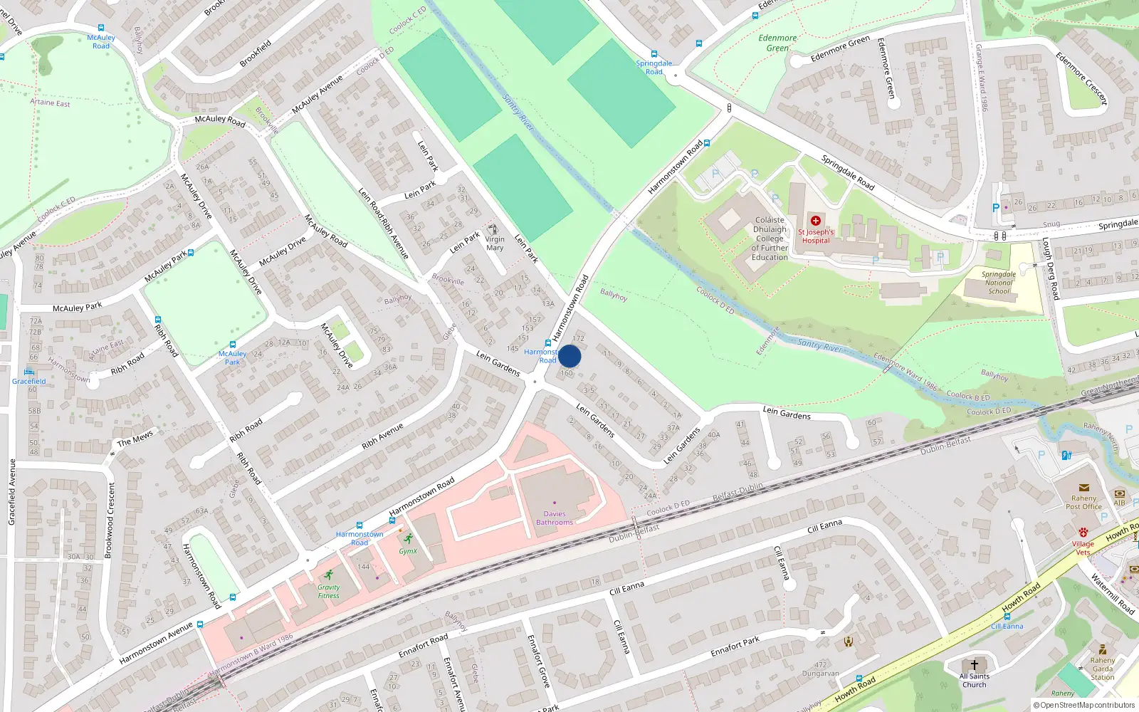 Overhead map showing the location of 166 Harmonstown Road, Dublin 5