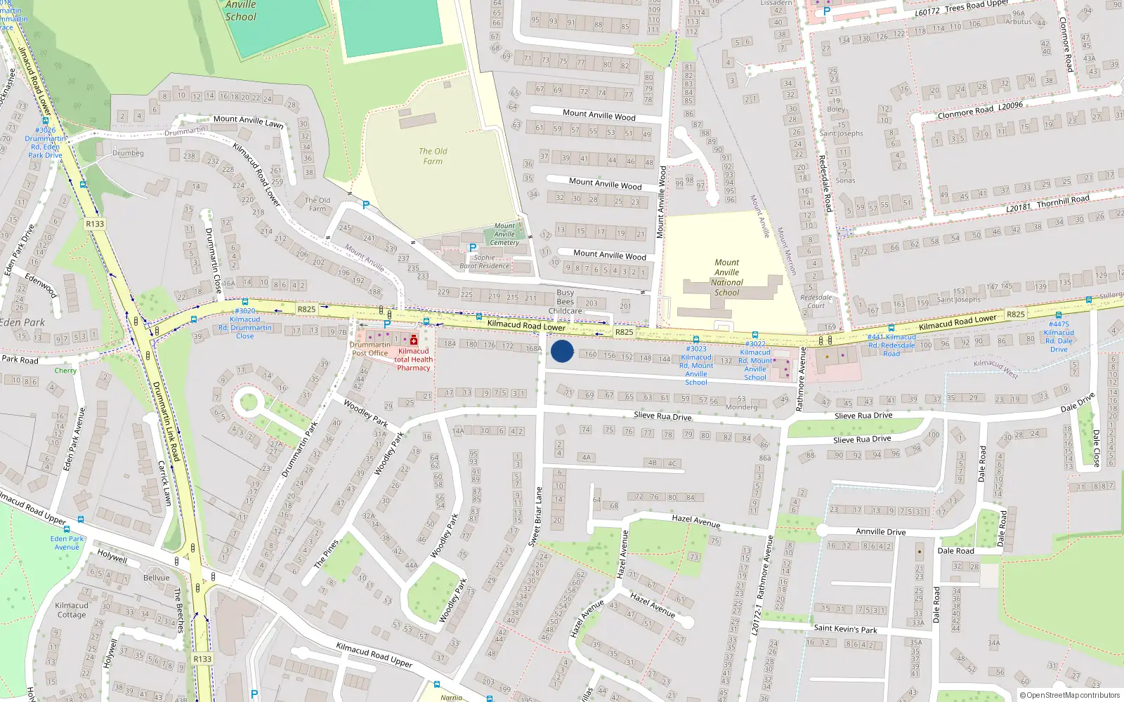 Overhead map showing the location of 166 Lower Kilmacud Road, Co Dublin