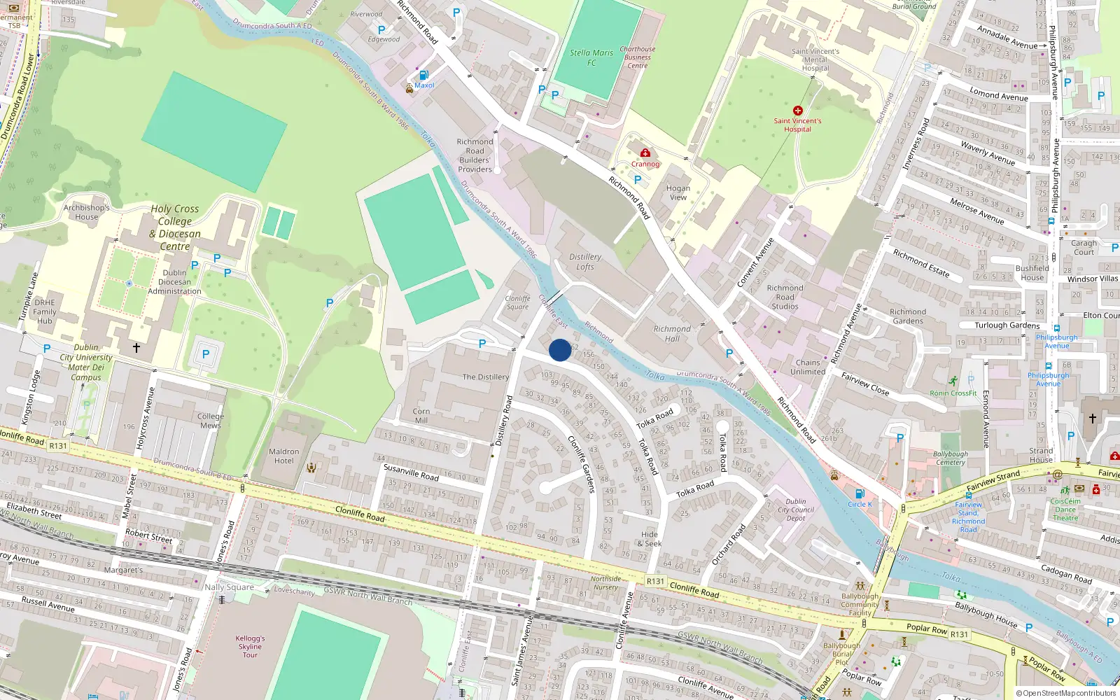 Overhead map showing the location of 166 Tolka Road, Dublin 3
