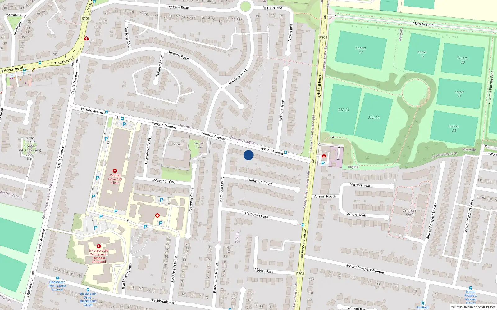 Overhead map showing the location of 166 Vernon Avenue, Clontarf, Dublin 3