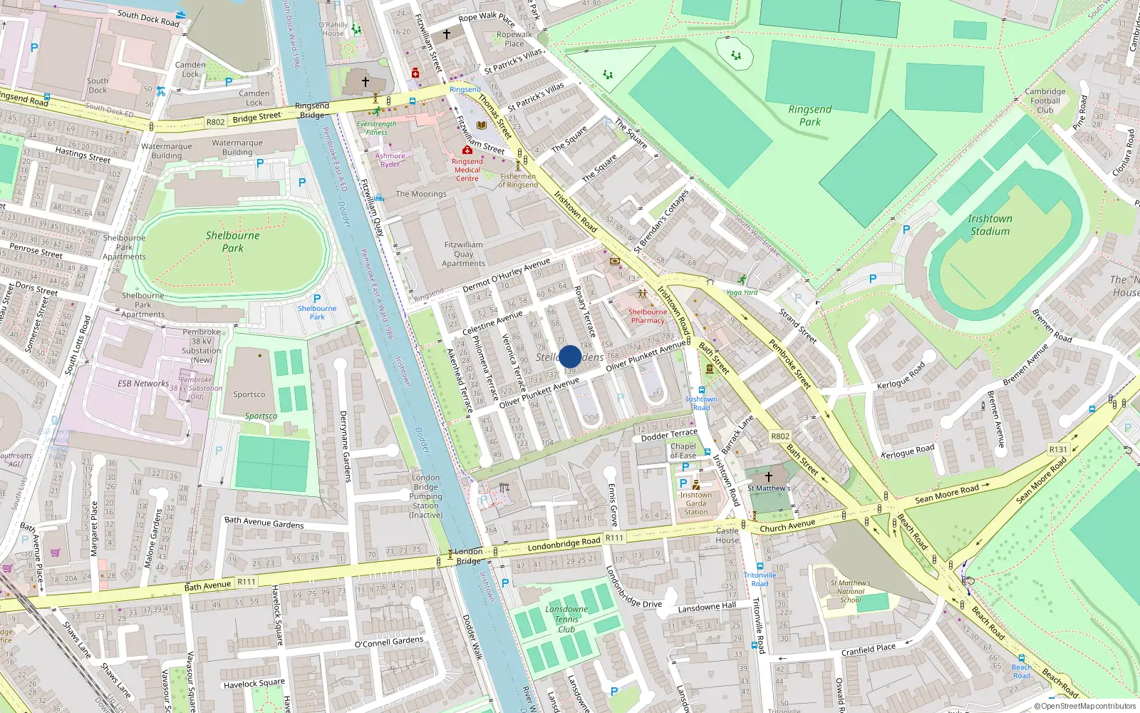 Overhead map showing the location of 167 Stella Gardens, Irishtown, Dublin 4