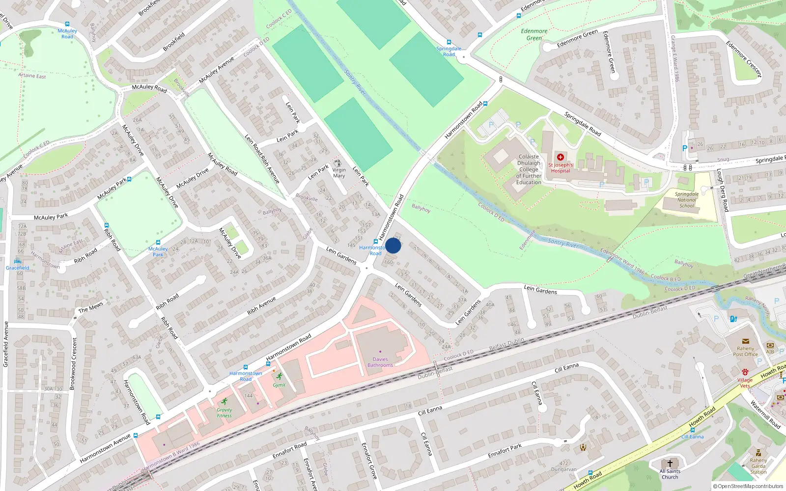 Overhead map showing the location of 168 Harmonstown Road, Dublin 5