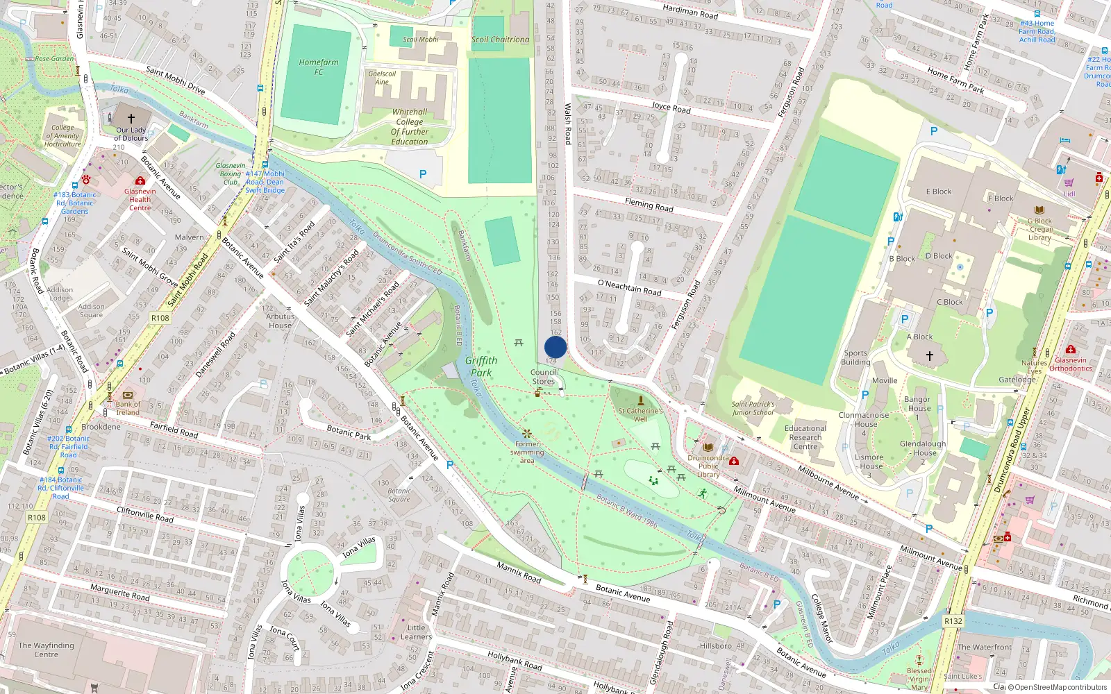 Overhead map showing the location of 168 Walsh Road, Dublin 9