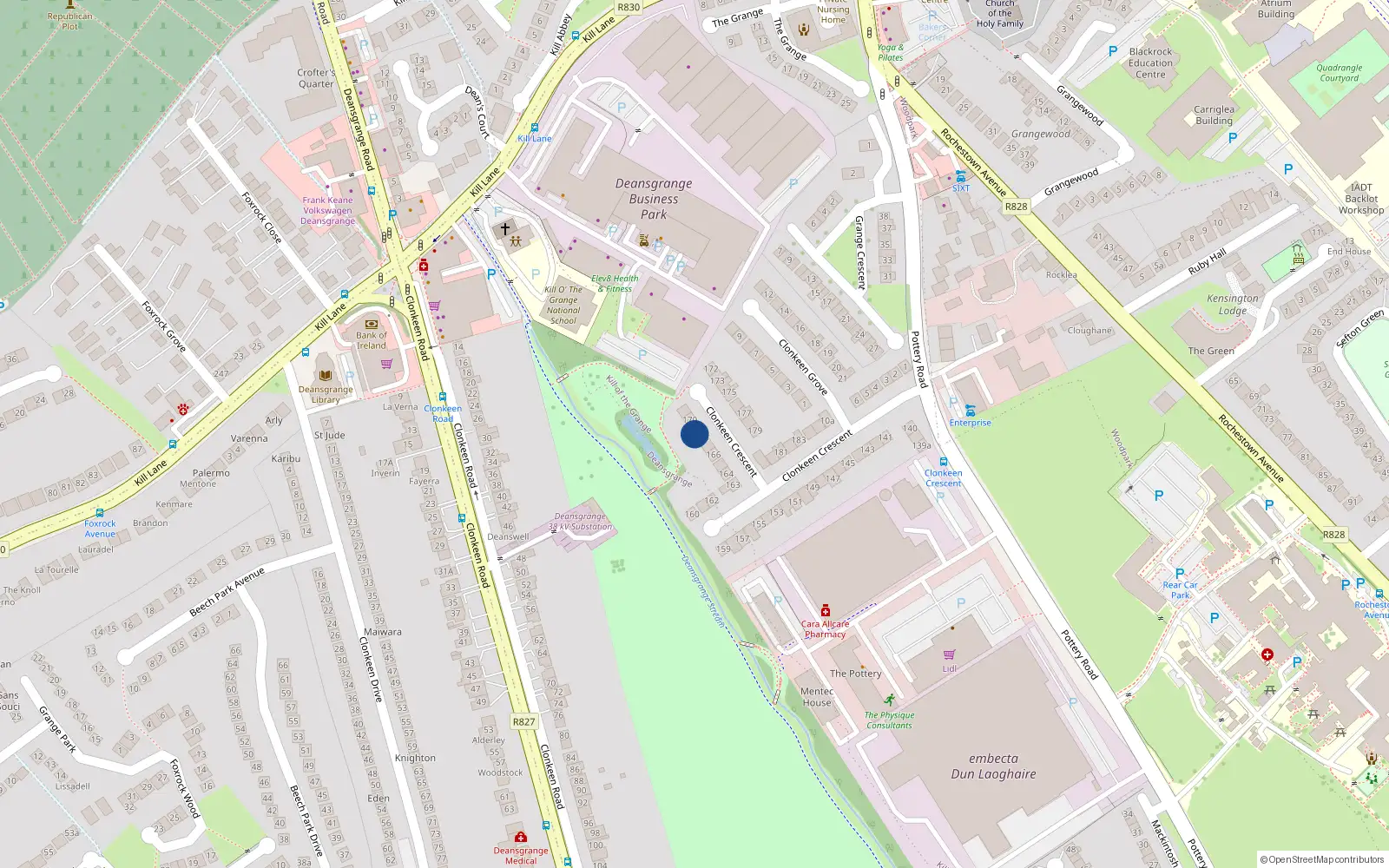 Overhead map showing the location of 169 Clonkeen Crescent, Dun Laoghaire, Dublin