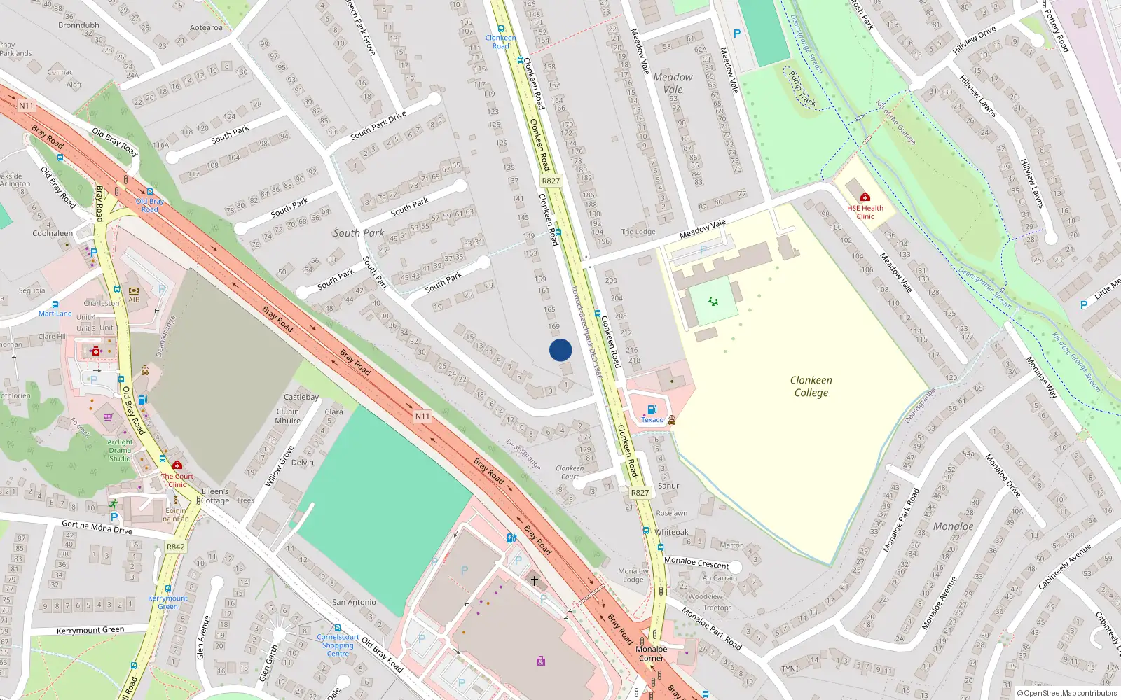 Overhead map showing the location of 169 Clonkeen Road, Blackrock