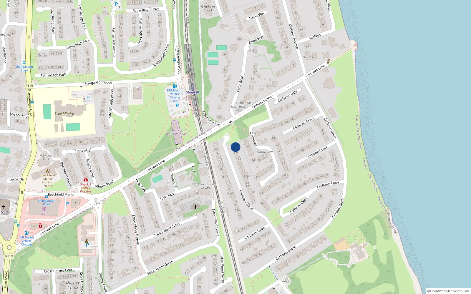 Overhead map showing the location of 169 Corbawn Wood, Dublin 18