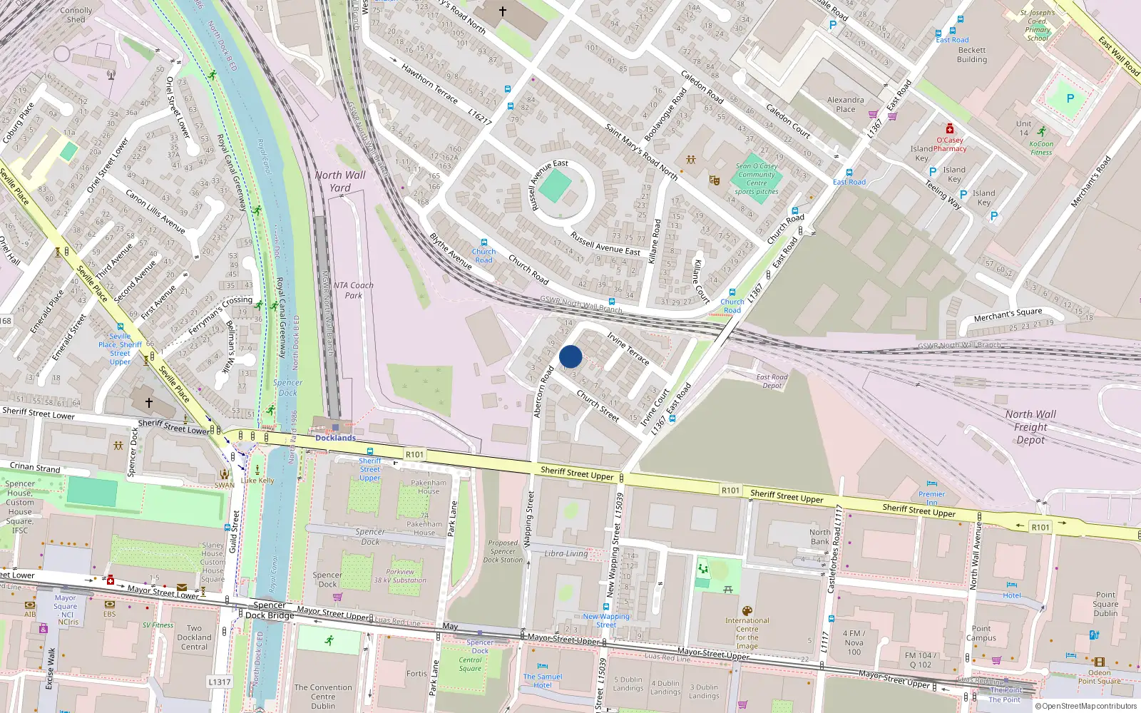 Overhead map showing the location of 16A Abercorn Road, East Wall, Dublin 3