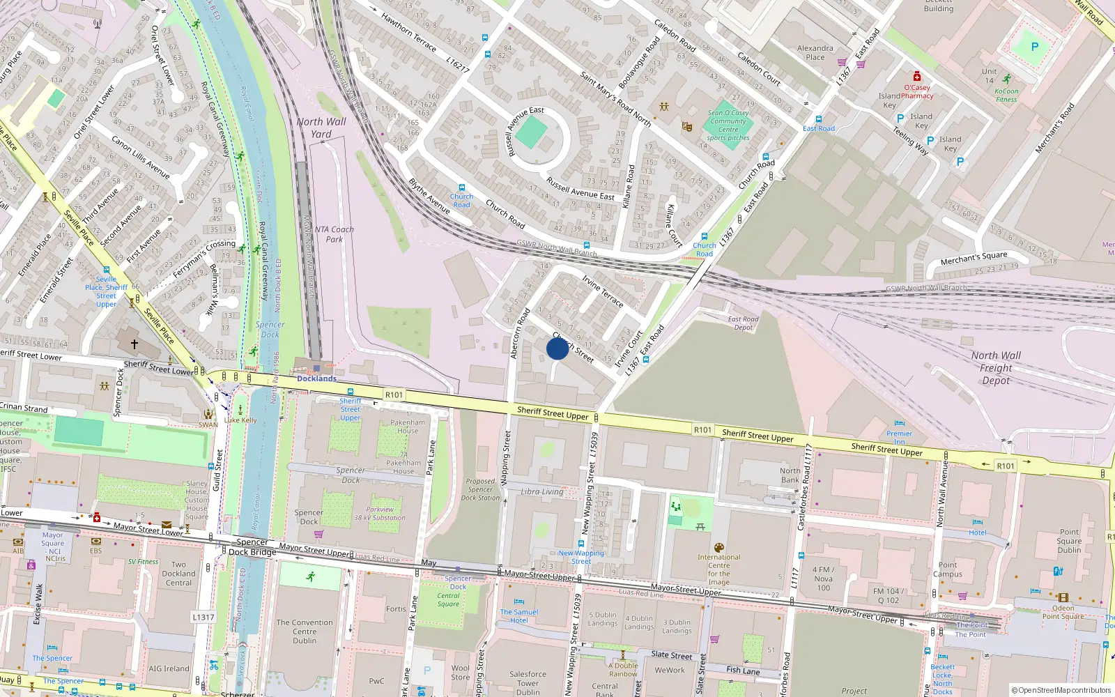 Overhead map showing the location of 16A Church St East, East Wall, Dublin 3