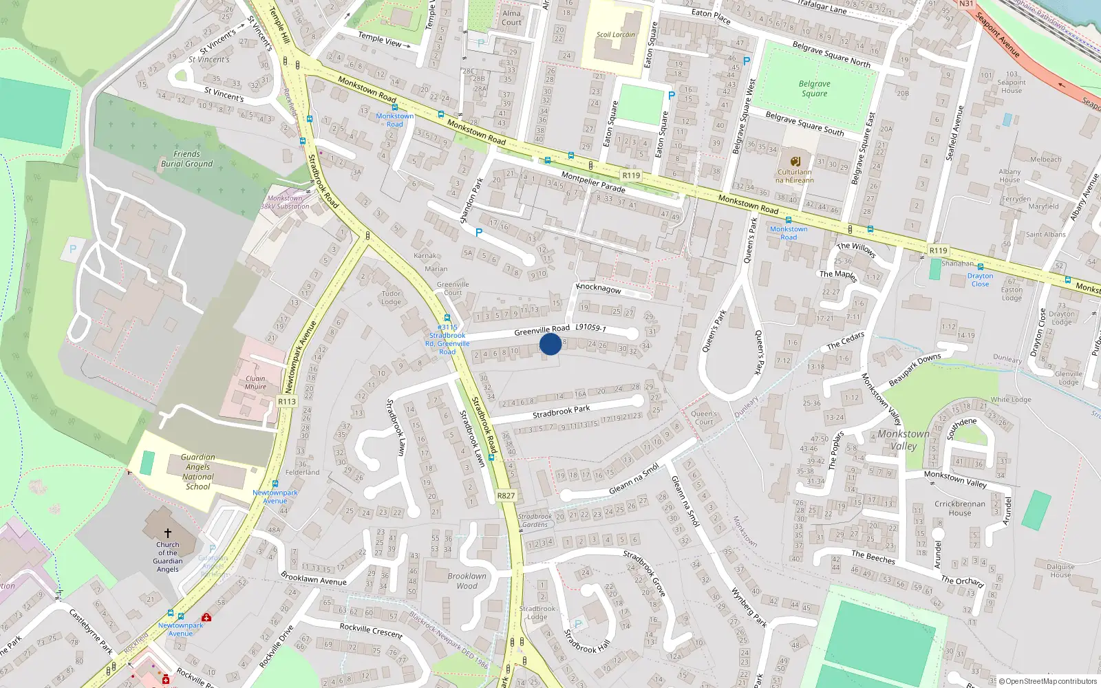 Overhead map showing the location of 16A Greenville Road, Monkstown