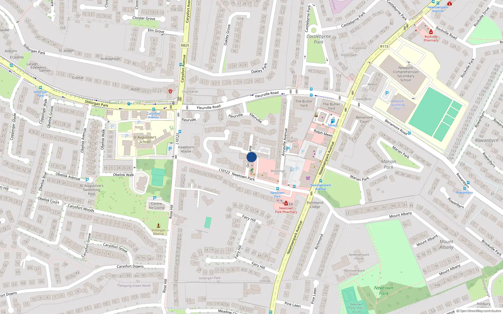 Overhead map showing the location of 16A Orchard Lane, Newtown Park, Blackrock