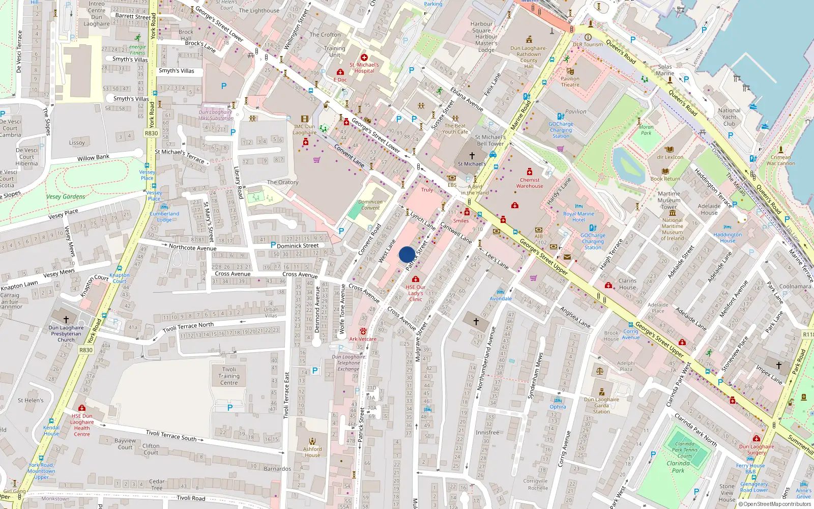 Overhead map showing the location of 16A Patrick Street, Dún Laoghaire