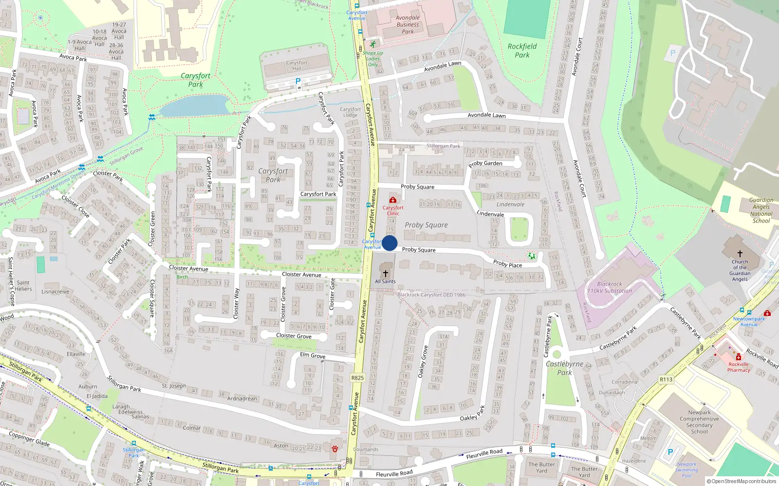 Overhead map showing the location of 16A Proby Square, Blackrock, Dublin