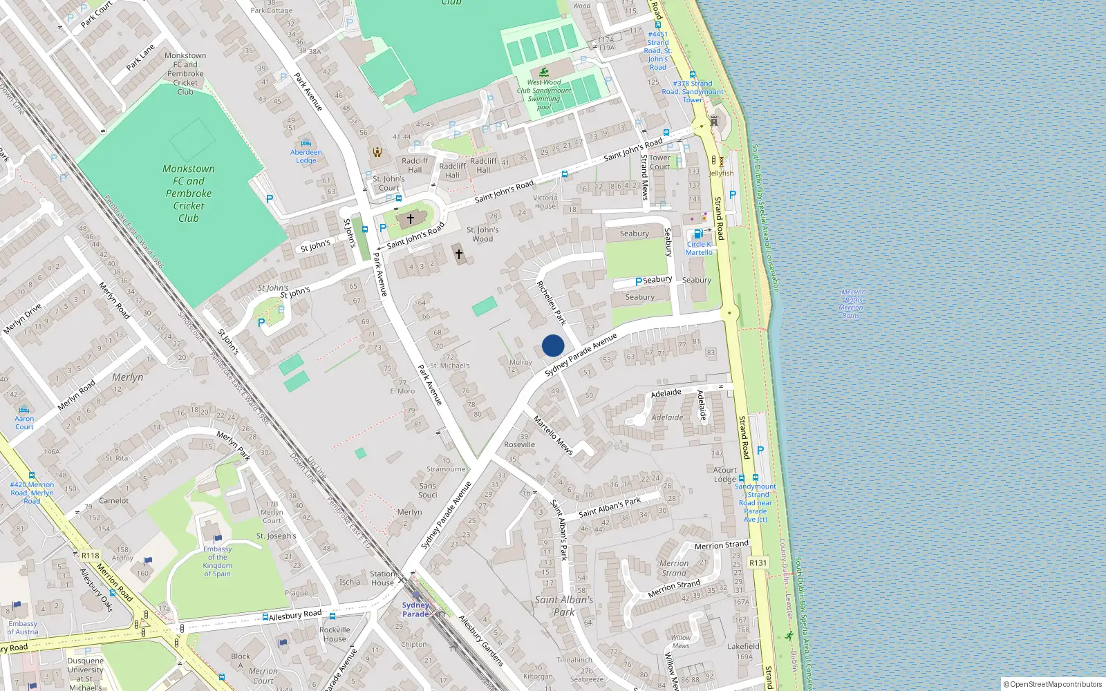 Overhead map showing the location of 16A Sydney Parade Avenue, Dublin 4