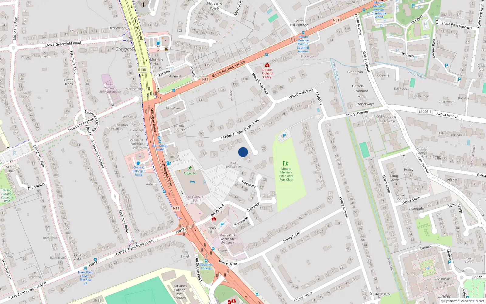 Overhead map showing the location of 16A Woodlands Park, Blackrock, Dublin