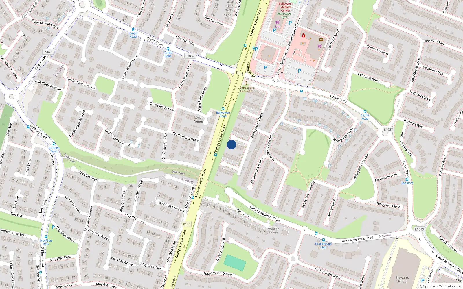 Overhead map showing the location of 17 Abbeywood Court, Lucan