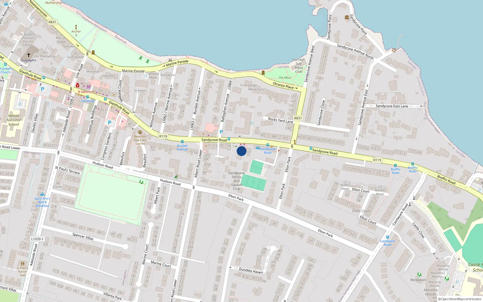 Overhead map showing the location of 17 Albert Court, Sandycove Road, Sandycove