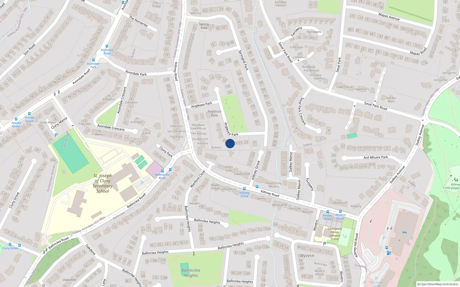 Overhead map showing the location of 17 Anglesea Park, Killiney, Dublin