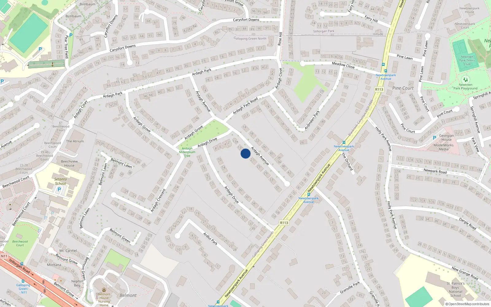 Overhead map showing the location of 17 Ardagh Avenue, Blackrock, Dublin