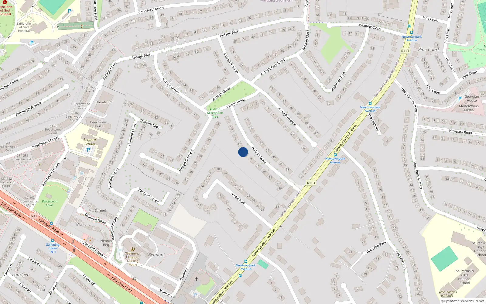 Overhead map showing the location of 17 Ardagh Drive, Blackrock, Dublin