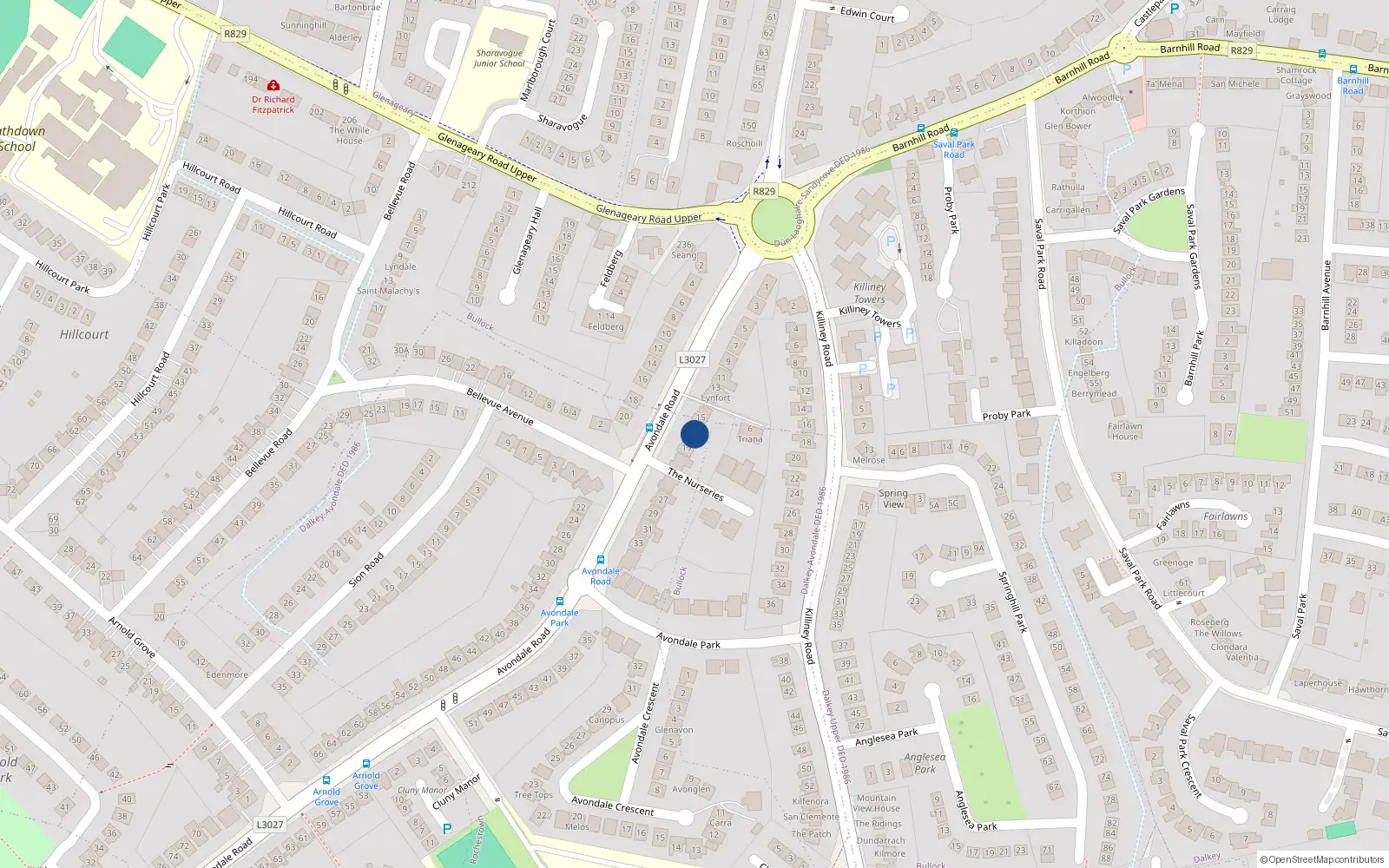 Overhead map showing the location of 17 Avondale Road, Killiney
