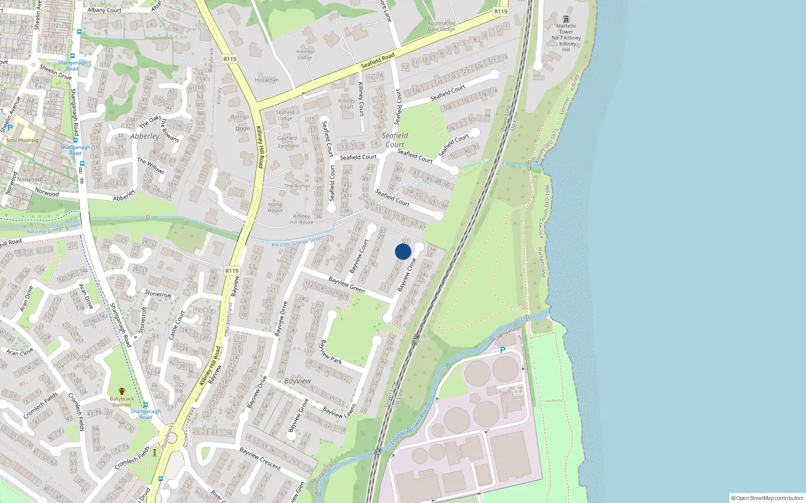 Overhead map showing the location of 17 Bayview Close, Killiney