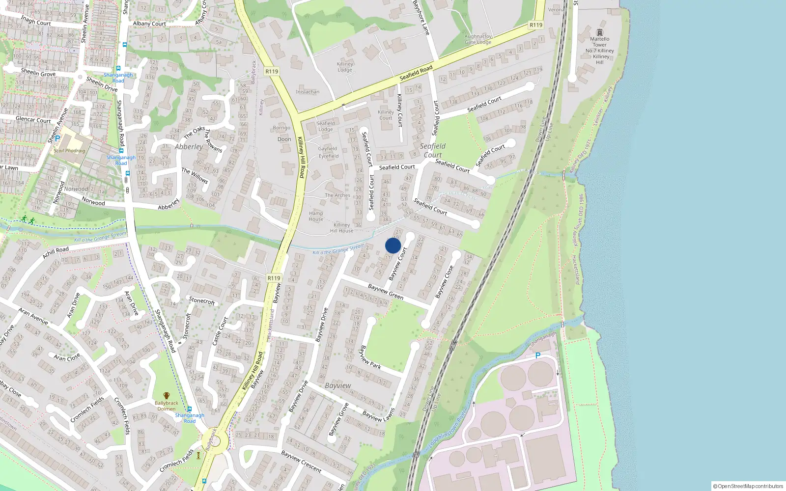 Overhead map showing the location of 17 Bayview Court, Killiney Hill Road, Killiney