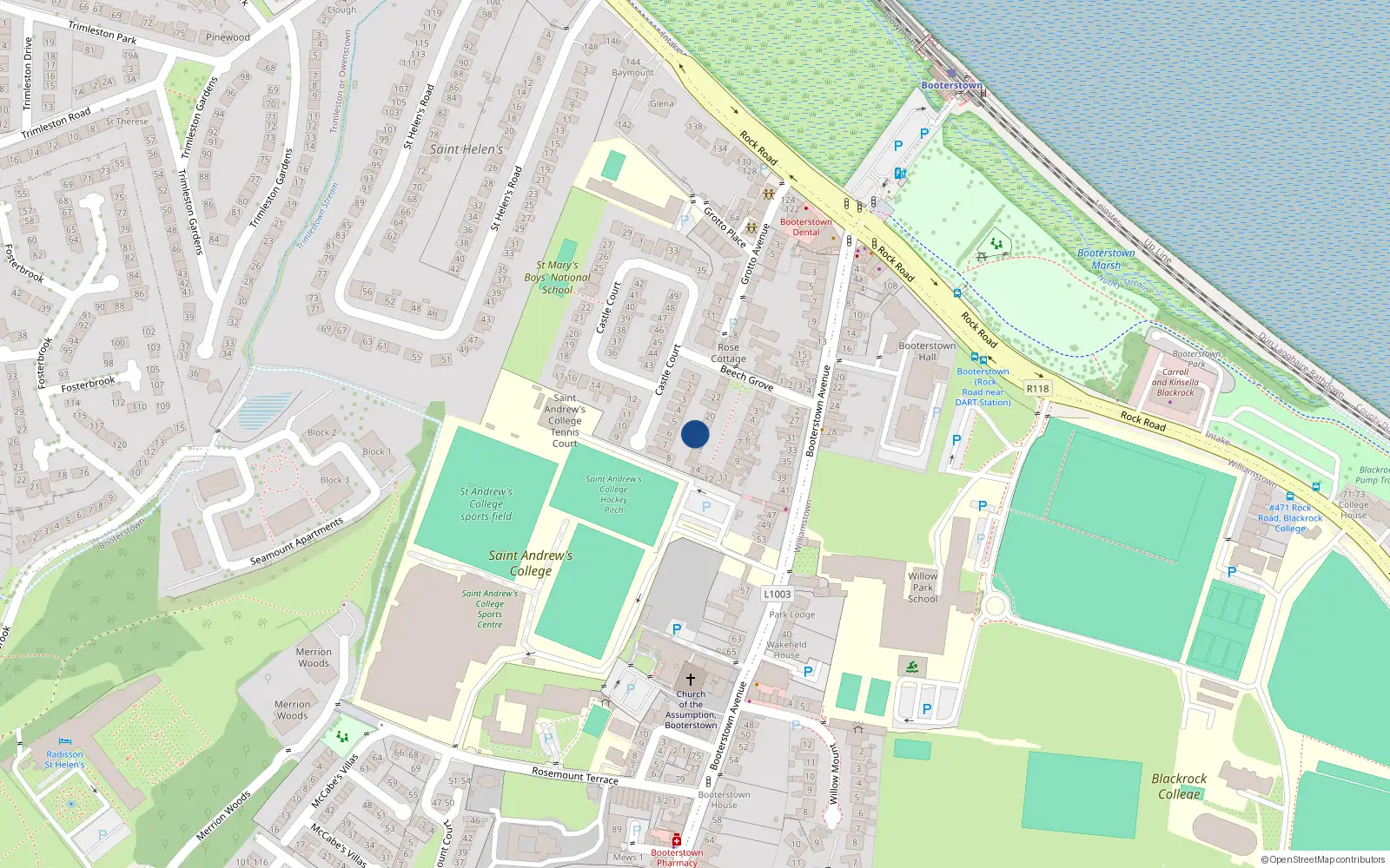 Overhead map showing the location of 17 Beech Grove, Booterstown