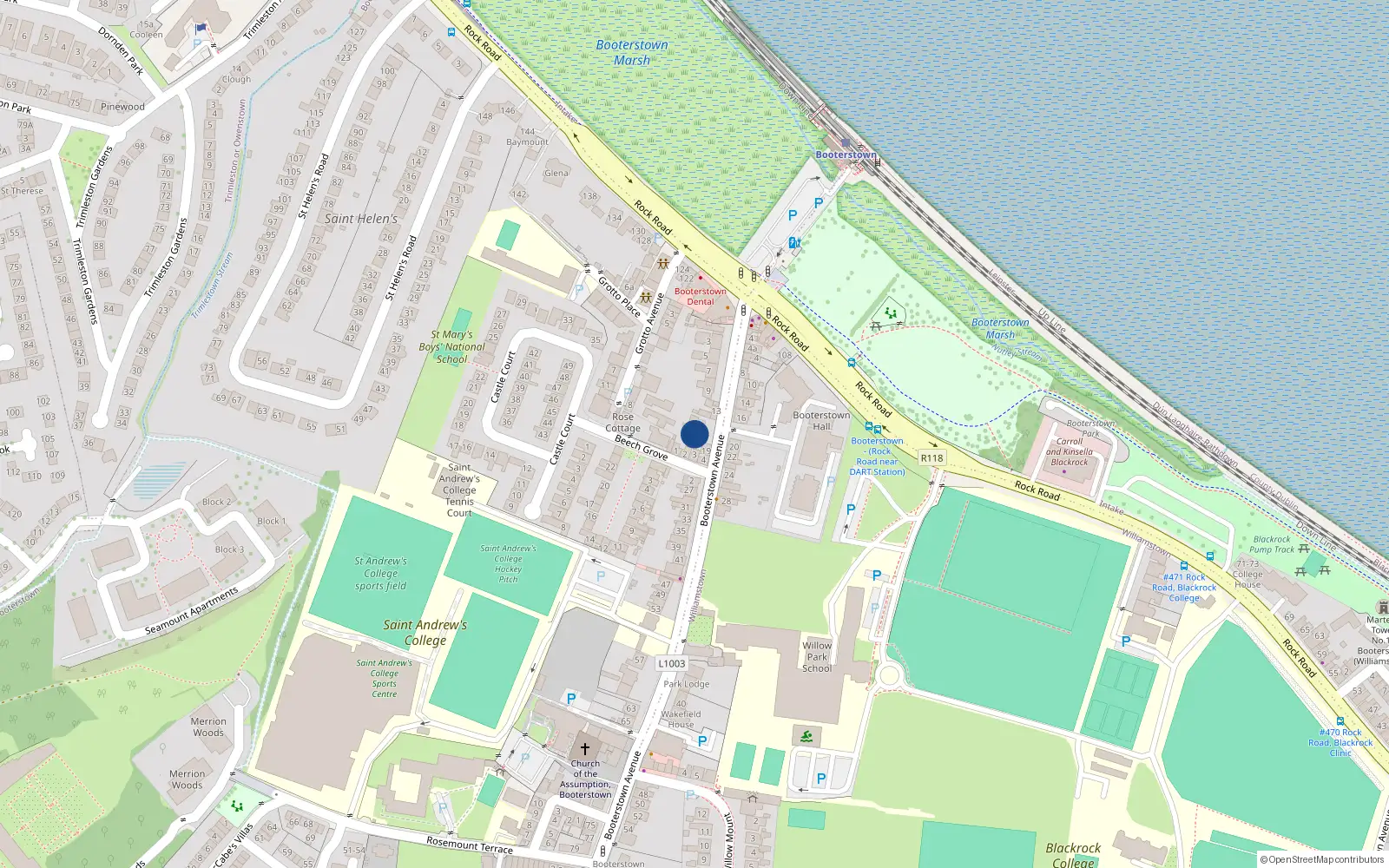 Overhead map showing the location of 17 Booterstown Avenue, Blackrock
