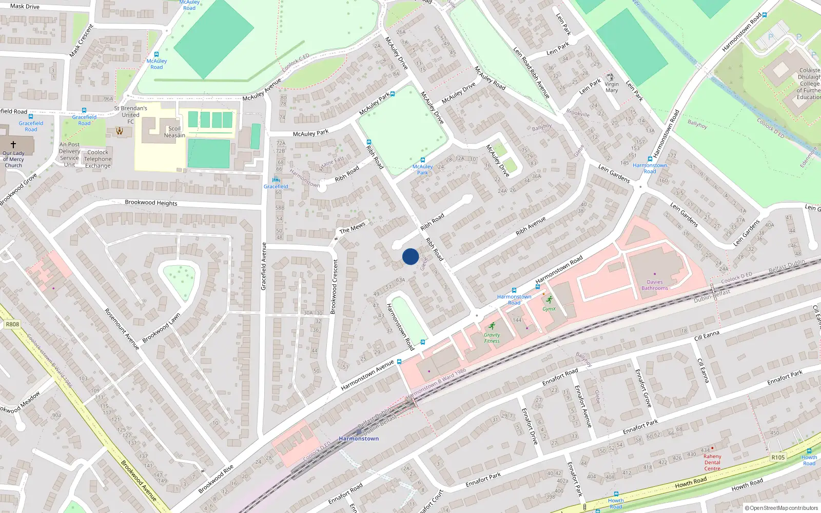 Overhead map showing the location of 17 Bothar Ribh, Artane, Dublin 5